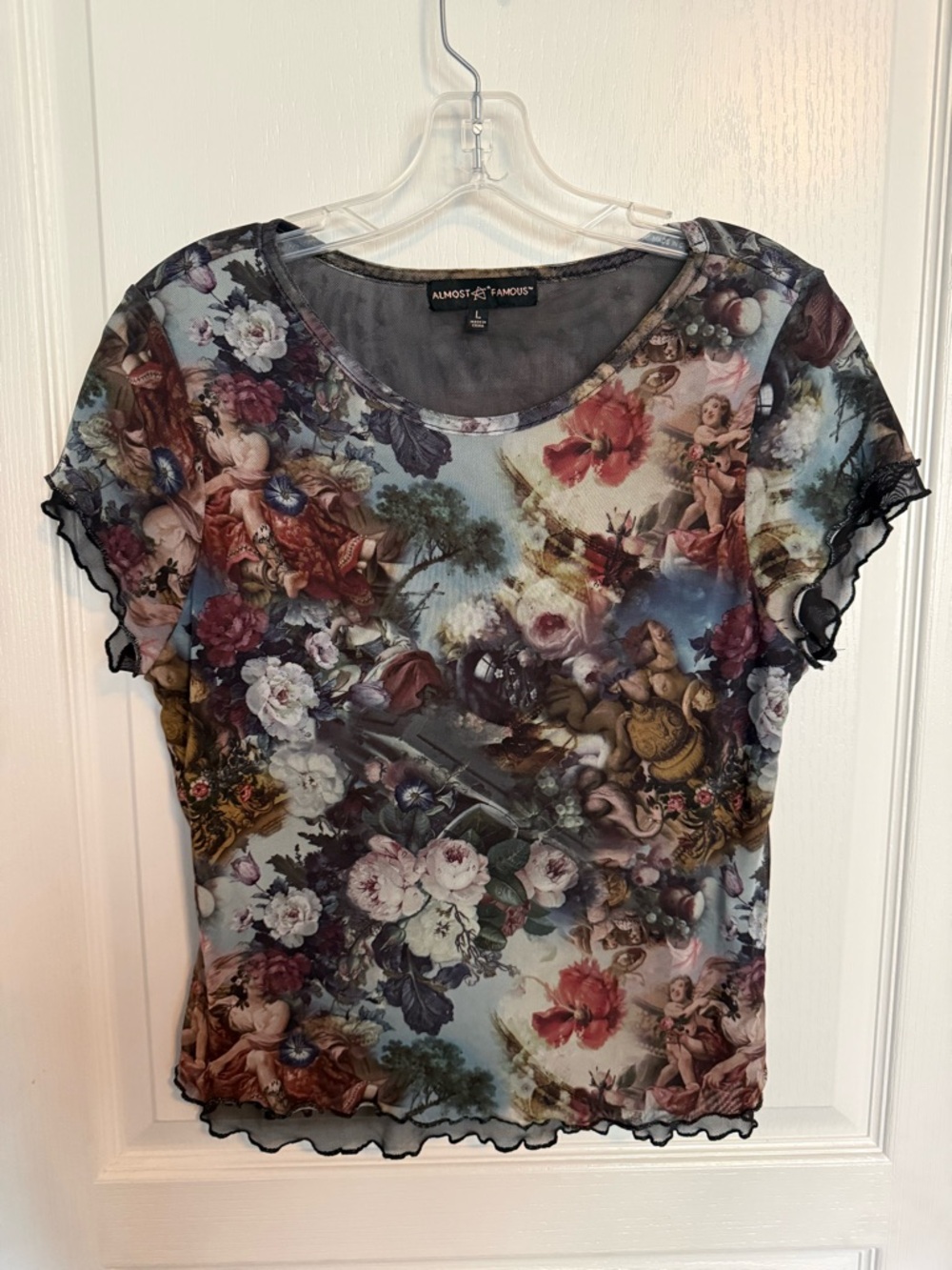 Vintage Almost Famous Sheer Floral Cherub Mesh Tee - Multi/Black Trim